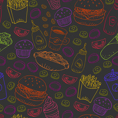 Hand drawn fast food doodle seamless pattern. Colorful line art illustration on black.
