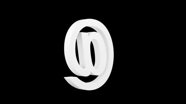 "At" symbol 3D icon spinning. Alpha channel. Seamless looping.