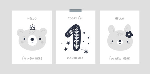 Baby step cards, poetic baby illustration. Milestone card with cute baby animals for newborn girl or boy. Baby shower print capturing all the special moments. Kids month anniversary card