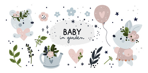 Childish set with cartoon bunny, bear and floral garden elements. Milestone collection with funny baby animals. Baby shower party. Design elements for textile, cards, poster, decor