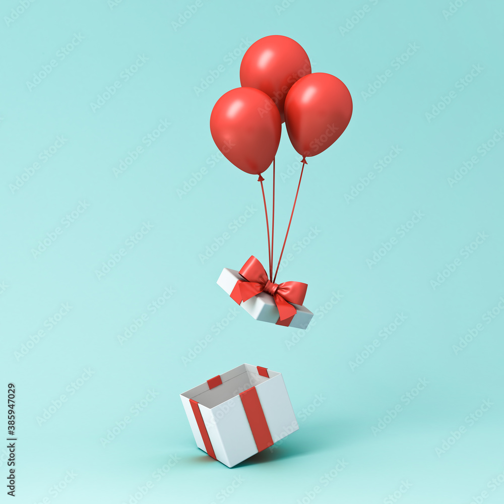 Aufkleber flying balloons lifting up gift box lid or opening present box isolated on light green blue pastel c