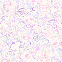 Vector doodle seafood seamless pattern in blue and purple colors.