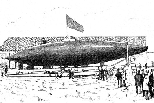 Spanish submarine Peral. First electric battery-powered submarine built by the Spanish engineer and sailor Isaac Peral for the Spanish navy. Antique illustration. 1890.