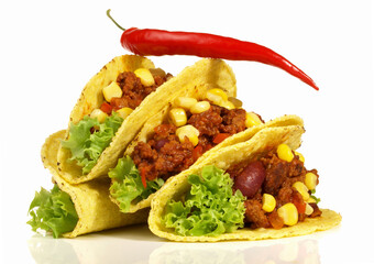 Tacco Shells with Chili con Carne - Fast Food on white Background - Isolated