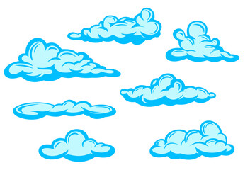 Set of blue clouds in hand drawn vintage retro style isolated on white background. Cartoon design elements. Vector illustration.