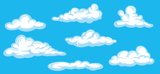 Set of white clouds in hand drawn vintage retro style isolated on blue background. Cartoon design elements. Vector illustration.
