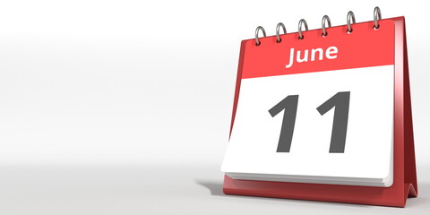 June 11 date on the flip calendar page, 3d rendering