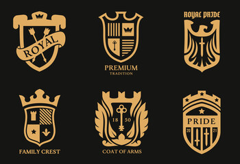 Naklejka premium Collection golden heraldic emblems isolated on black background. Template for shields badges in minimalistic cartoon style. Set of premium vintage vector illustration.
