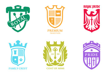 Collection color heraldic emblems isolated on white background. Template for shields badges in minimalistic cartoon style. Set of bright premium vintage vector illustration.