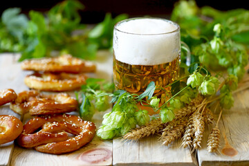 Beer, hops, pretzels and wheat ears. Oktoberfest.