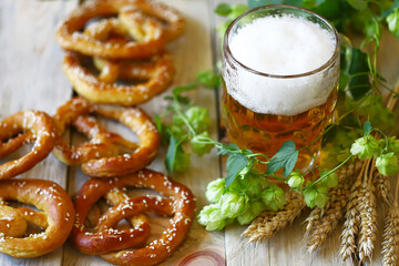 Beer, hops, pretzels and wheat ears. Oktoberfest.