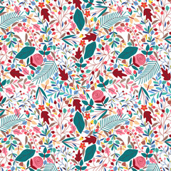 Flower and leaves Seamless pattern, Surface pattern with beautiful flowers, Colorful seamless pattern background with flower leaf and berries