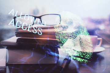 Fingerprint drawing with glasses on the table background. Concept of security. Double exposure.