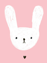 Cute Baby Bunny Vector Illustration. Infantile Style Hand Drawn White Rabbit Isolated on a Pastel Pink Background. Lovely Infantile Style Nursery Art ideal for Wall Art, Card, Decoration.