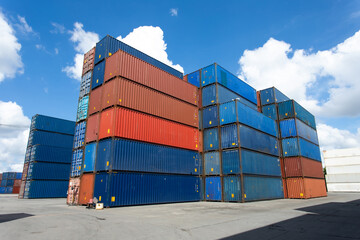Marine and carrier insurance concept. Cargo container yard. cargo shipping container box in logistic shipping yard. colorful cargo container stacks in shipping port.