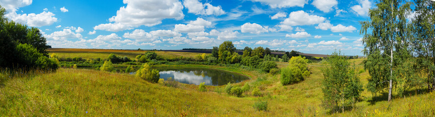 Fototapeta na wymiar Panoramic summer rural landscape with lake and farm fields in sunny day.