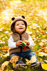Adorable happy boy playing with fallen leaves in autumn park. He is looking up in the sky. Boy is very cute with blue eyes. He is wearing a coat, which look like bear. He loves autumn.