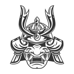 Vintage monochrome japanese samurai mask with helmet isolated on white background. Hand drawn design element template for emblem, print, cover, poster. Vector illustration.