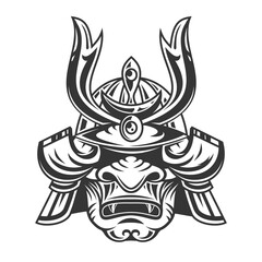 Vintage monochrome japanese samurai mask with helmet isolated on white background. Hand drawn design element template for emblem, print, cover, poster. Vector illustration.