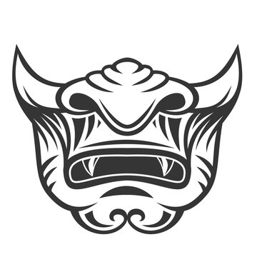 Vintage monochrome japanese samurai mask isolated on white background. Hand drawn design element template for emblem, print, cover, poster. Vector illustration.