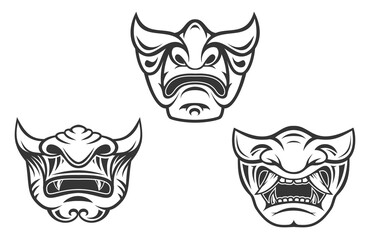 Vintage monochrome japanese samurai mask isolated on white background. Hand drawn design element template for emblem, print, cover, poster. Vector illustration.