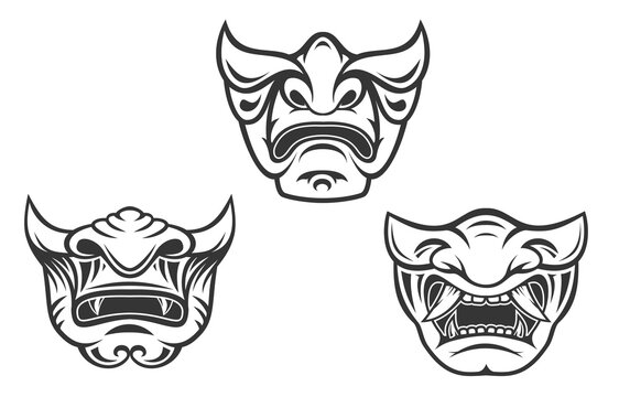 Vintage monochrome japanese samurai mask isolated on white background. Hand  drawn design element template for emblem, print, cover, poster. Vector  illustration. Stock Vector | Adobe Stock
