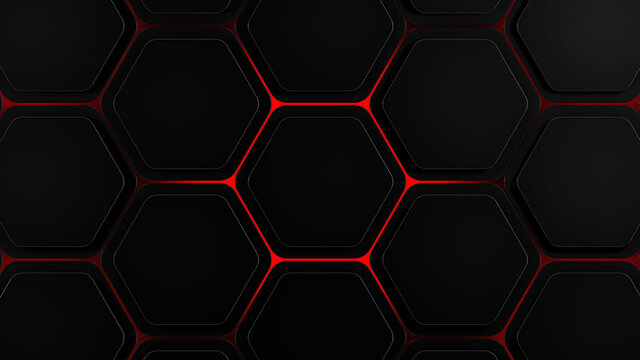 Dark futuristic hexagons background with red glow breaking out, 3d render illustration