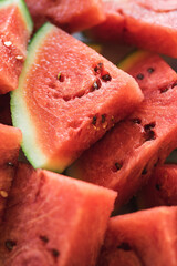 Bright red fresh watermelon slices top view.