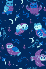 Night seamless pattern with owls. Vector graphics.