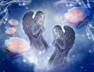 two angels with praying hands and romantic roses over blue background with stars like angel and archangel amd spiritual and religious concept 