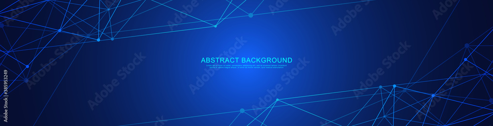 Fototapete Website header or banner design with abstract geometric background and connecting dots and lines. Global network connection. Digital technology with plexus background and space for your text.
