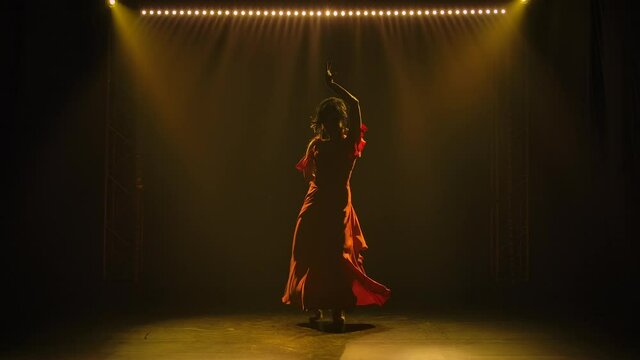 Silhouette of a charming middle aged woman passionately dancing flamenco in a dark studio. Burning brunette in a long red dress on a smoky background with yellow light. Slow motion.