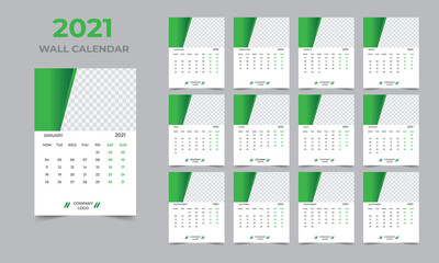 Wall calendar design 2021 template Set of 12 Months, Week starts Monday, Stationery design, calendar planner
