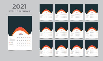 Wall calendar design 2021 template Set of 12 Months, Week starts Monday, Stationery design, calendar planner
