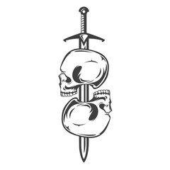 Vintage monochrome two human skulls and sword isolated on white background. Hand drawn design element template for emblem, print, cover, poster. Vector illustration.