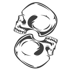 Vintage monochrome two human skulls isolated on white background. Hand drawn design element template for emblem, print, cover, poster. Vector illustration.