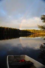 Rainbow over the lake Ruuhilampi in Noux, Espoo Finland