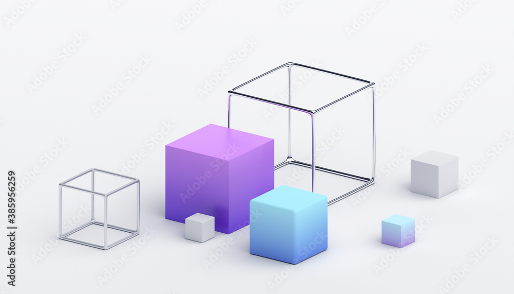 Poster abstract 3d render, geometric composition with cubes, background design