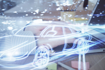 Automobile theme drawing with businessman working on computer on background. Autopilot taxi concept. Multi exposure.