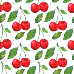 Seamless watercolor pattern with cherries and leaves