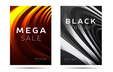 Set of posters or digital banner for sale or other promo with 3d shapes of metal curves in gold and black and white