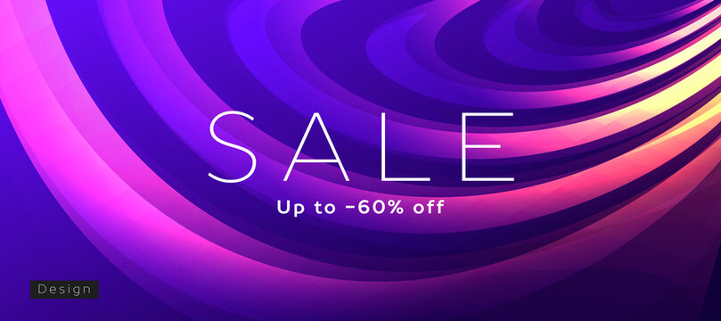 Sale banner with abstract background of fluid curves, blue purple gradient, amorphic backdrop cover