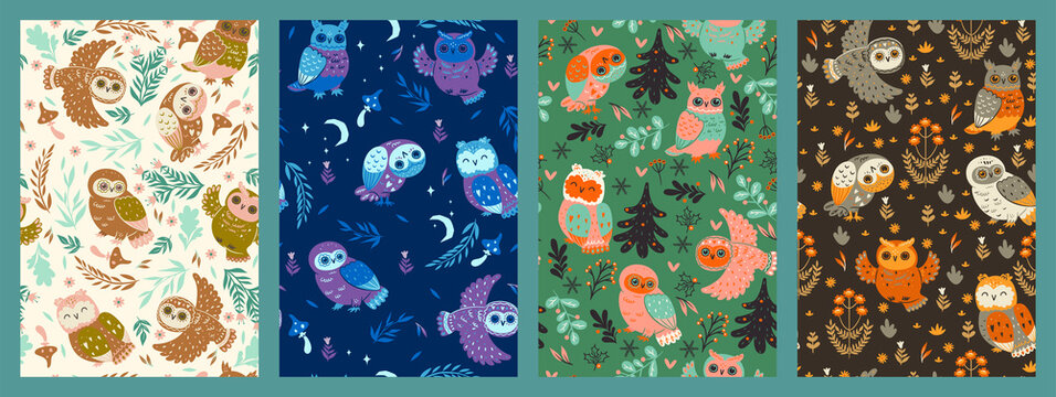 Set of cute patterns with owls. Vector graphics