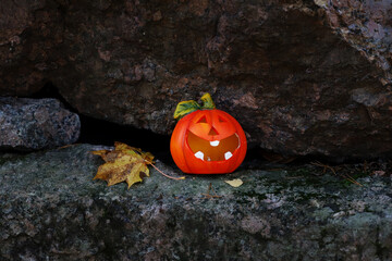 Halloween party decoration pumpkin jack on the stone wall