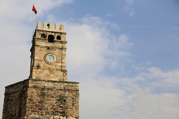 Aincient clock tower Saat Kulesi. Antalya, Turkey.