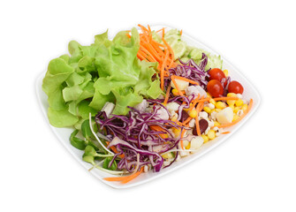 Vegetable salad in white plate on white background.