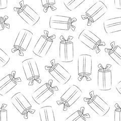 Vector seamless pattern with different gift boxes. Hand drawn elements. Background with holiday design. Freehand style. Doodle. Wallpaper, wrapping, card, print on clothes.