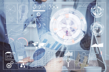 Multi exposure of tech drawings with man working on computer background. Concept of innovation.