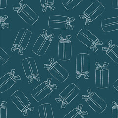 Vector seamless pattern with different gift boxes. Hand drawn elements. Background with holiday design. Freehand style. Doodle. Wallpaper, wrapping, card, print on clothes.