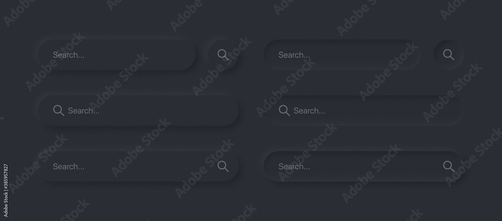 Poster search bars in different variants ui neumorphism dark version vector design elements set on backgrou